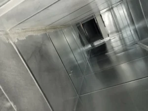 Thick vacuum hose running from an Encore Duct Cleaning truck into a home.